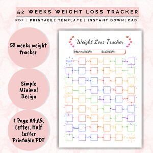 Weight Loss Tracker 52 Weeks, Weight Loss chart, Motivational chart, weight progress, A4 Printable PDF image 2