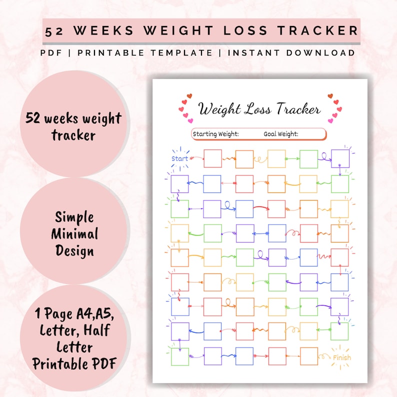 Weight Loss Tracker 52 Weeks, Weight Loss chart, Motivational chart, weight progress, A4 Printable PDF image 2