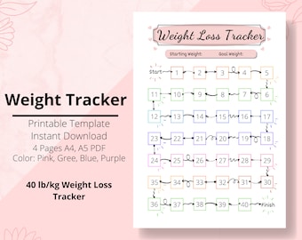 Weight Loss 40 lb/kg, Weight Loss Tracker, Weight loss planner, weight loss printable, Weight Loss Chart