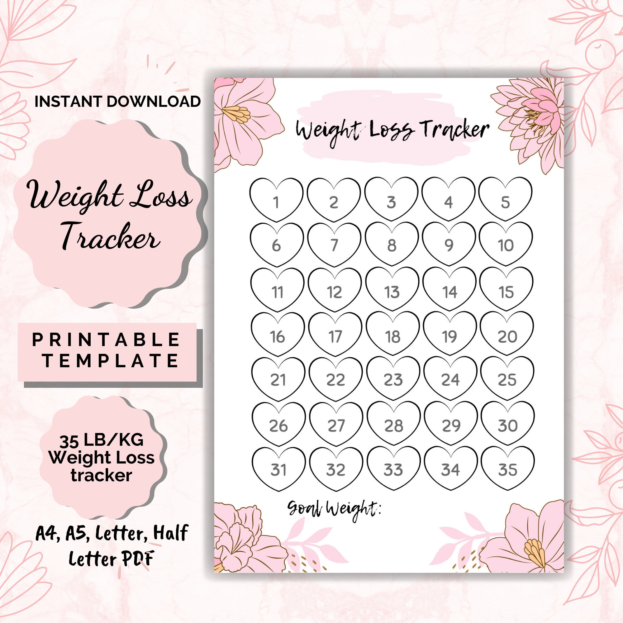 Weight Loss Tracker Printable 35 Lb/kg Weight Loss Chart Etsy