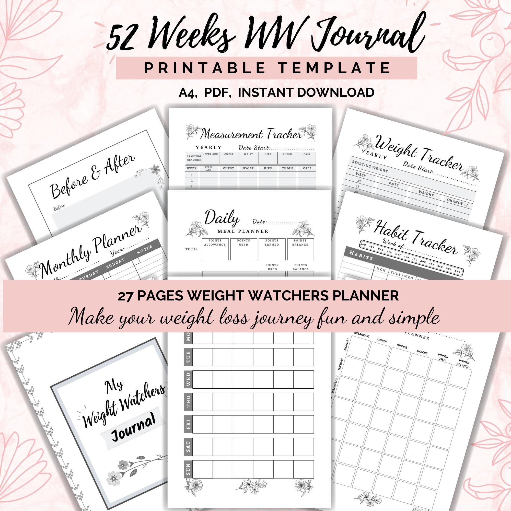 Weight Watchers Food Diary 52 Weeks Weight Loss Tracker WW Etsy UK