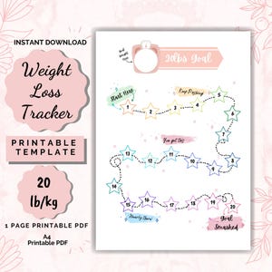 Puede incluir: Un rastreador de pérdida de peso imprimible con un diseño floral rosa. La plantilla incluye un objetivo de peso de 9 kg, un gráfico de progreso en forma de estrella y frases motivacionales. Las palabras "Weight Loss Tracker" y "Printable Template" también son visibles.