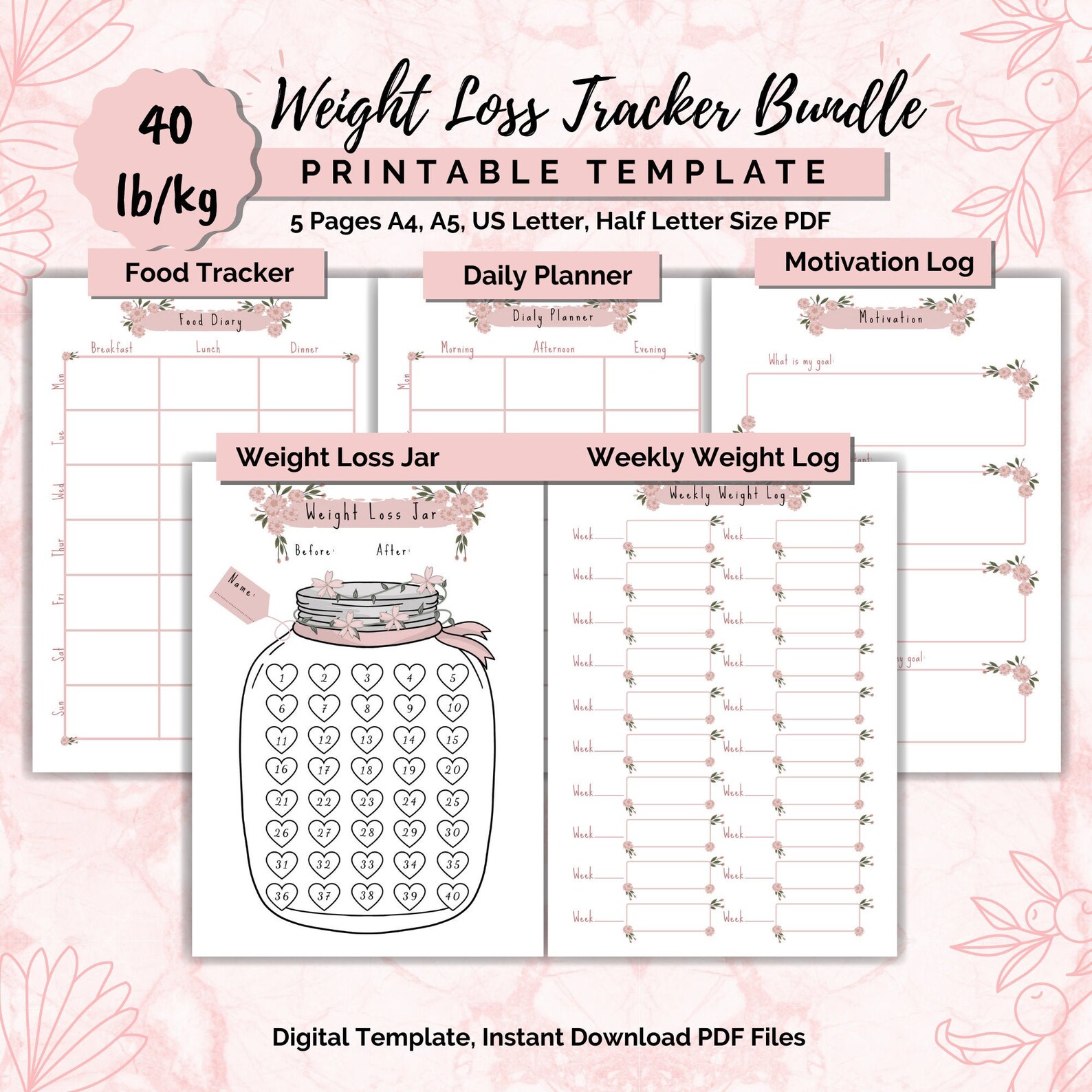 Weight Loss Jar 40 Lb/kg Bundle Printable, Weight Loss Chart, Weight ...