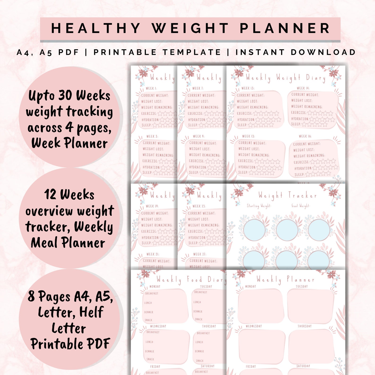 Healthy Weight Loss Planner Printable Template Weekly Weight Etsy