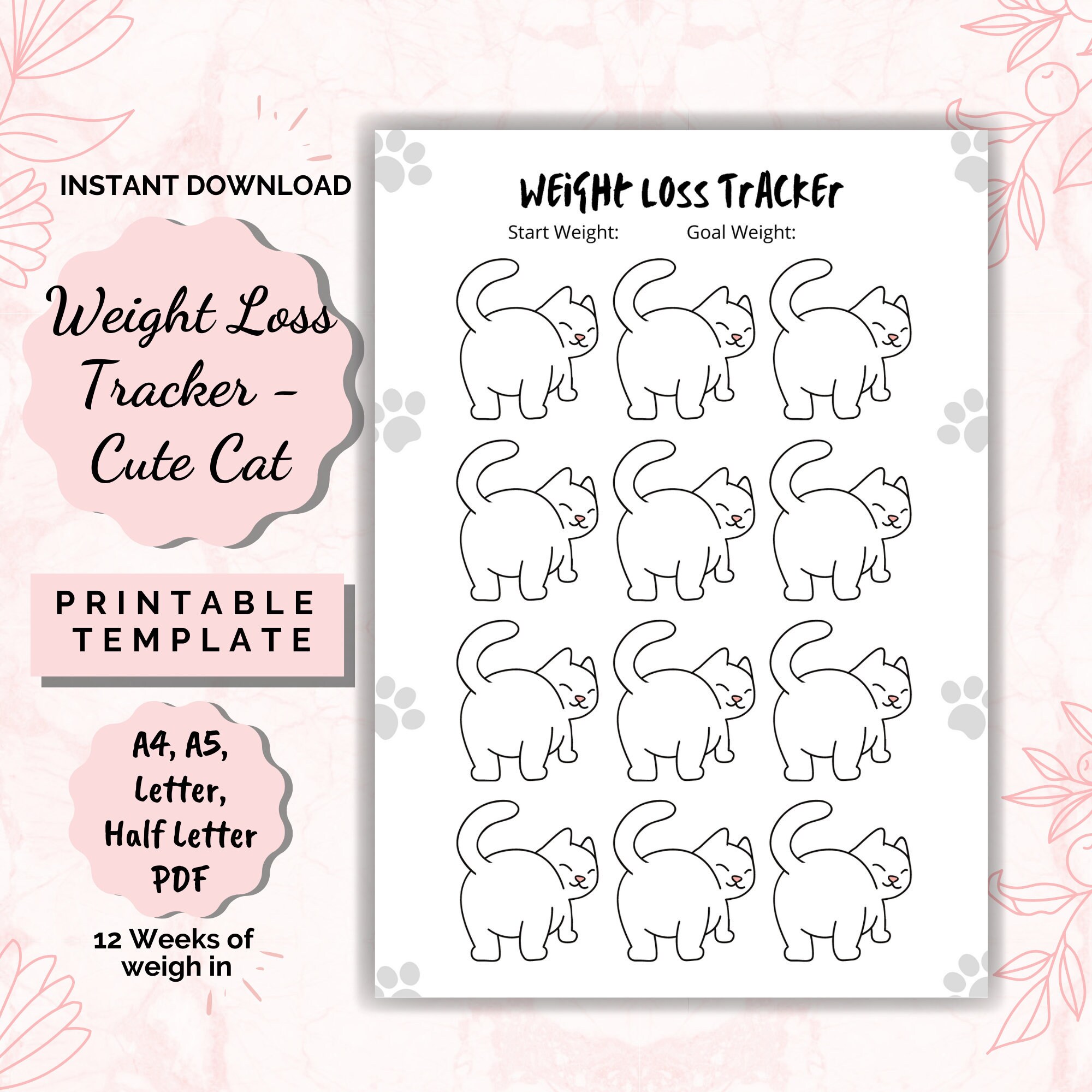 Weight Loss Tracker 12 Weeks Cat, Weight Loss Chart, Motivational Chart ...