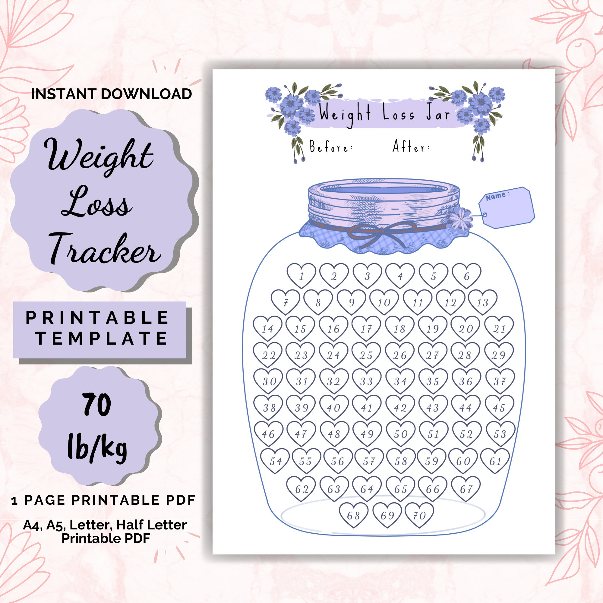 Weight Loss Jar 70 Lb/kg Printable, Weight Loss Chart, Weight Loss