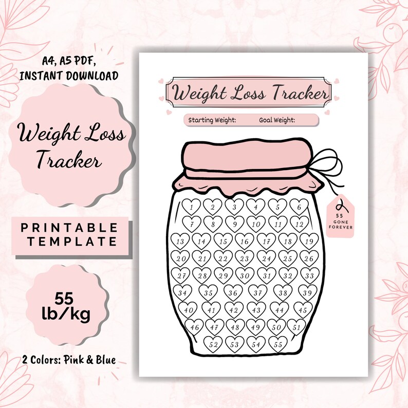 Weight Loss Jar 55 lb/kg, Weight Loss Tracker, Weightloss planner, weight loss printable, Weight Loss Chart image 1