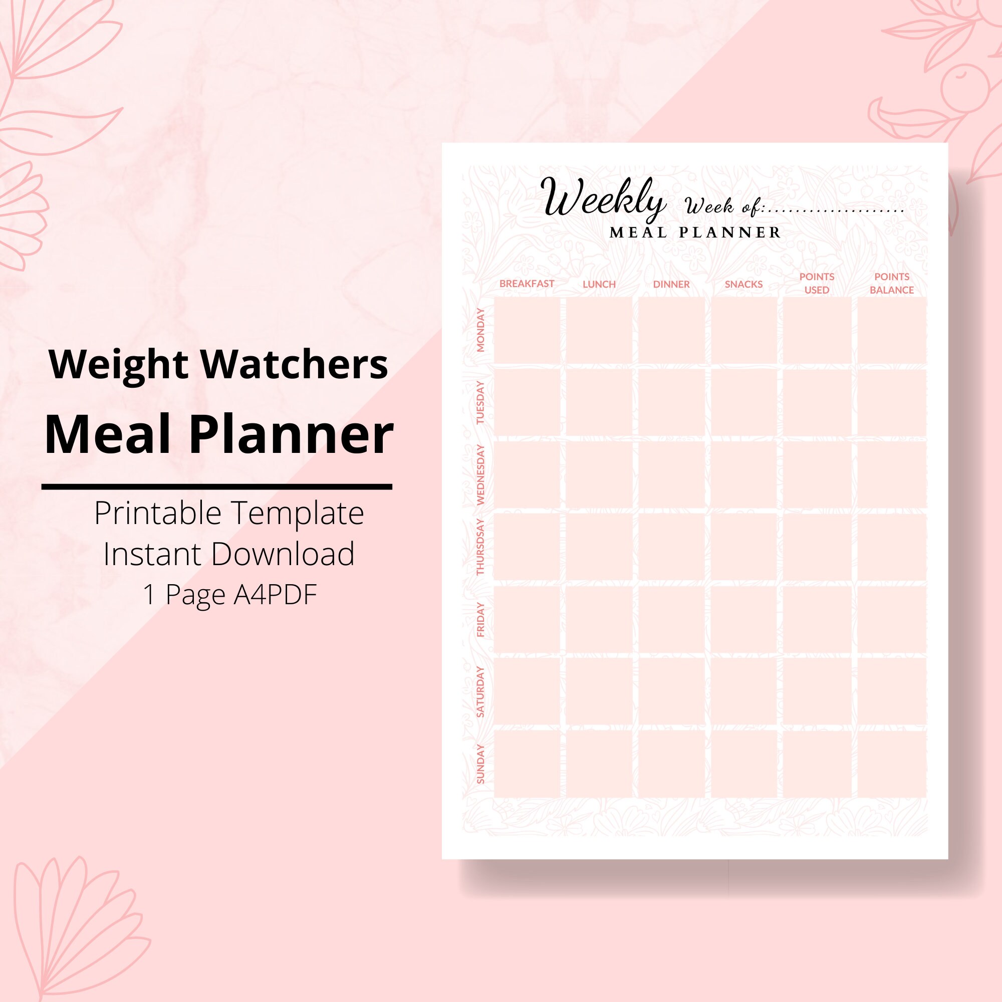 Weight Watchers Meal Planner food diary Weekly Meal Plan | Etsy