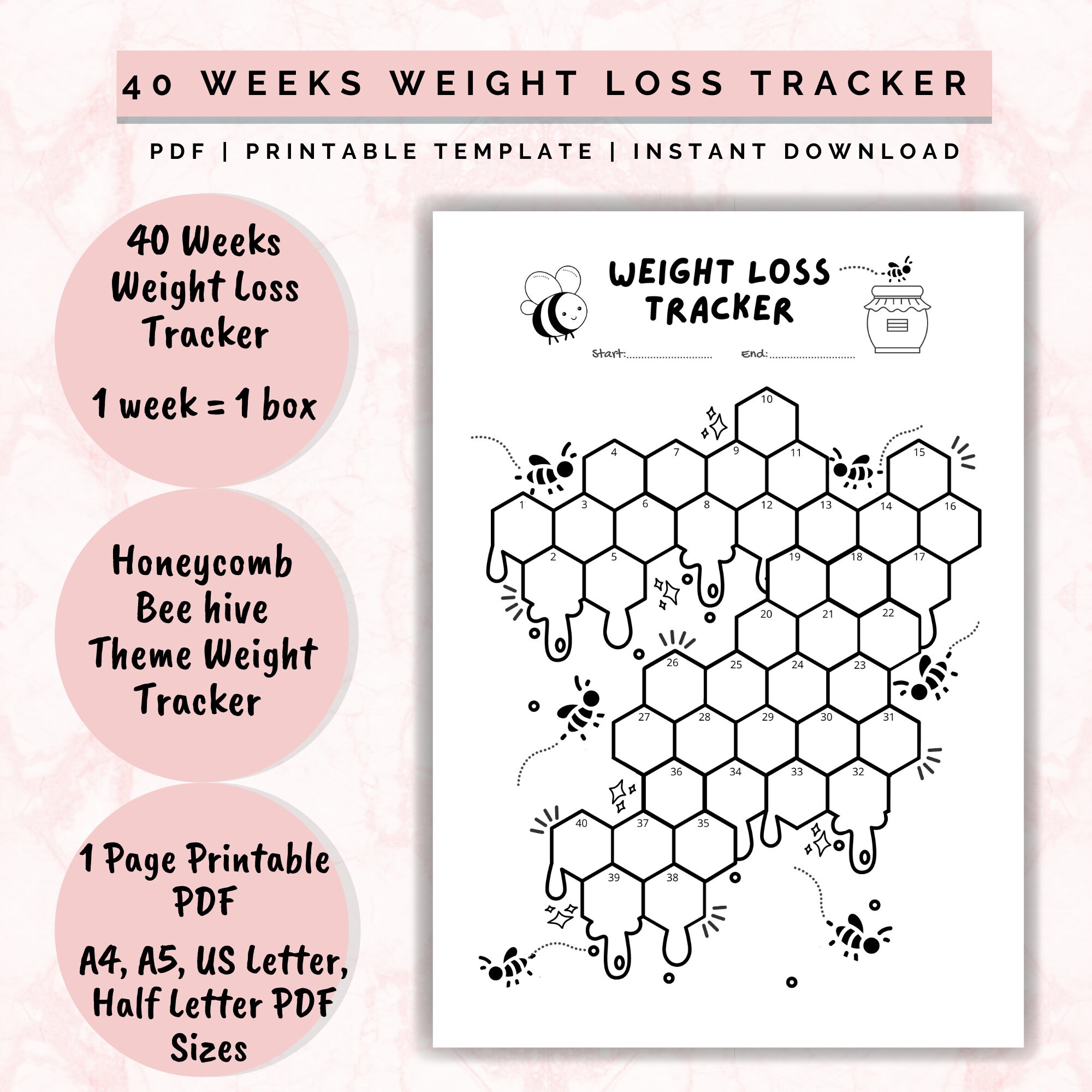 40 Week Weight Loss Tracker, Honeycomb Printable Chart (digital ...