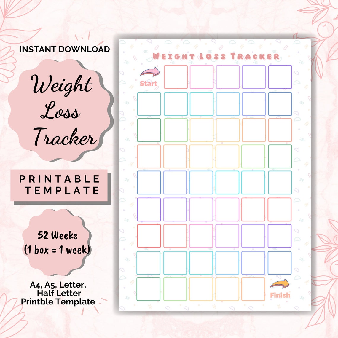 Weight Loss Tracker 52 Weeks, Weight Loss Chart Printable, Motivational ...