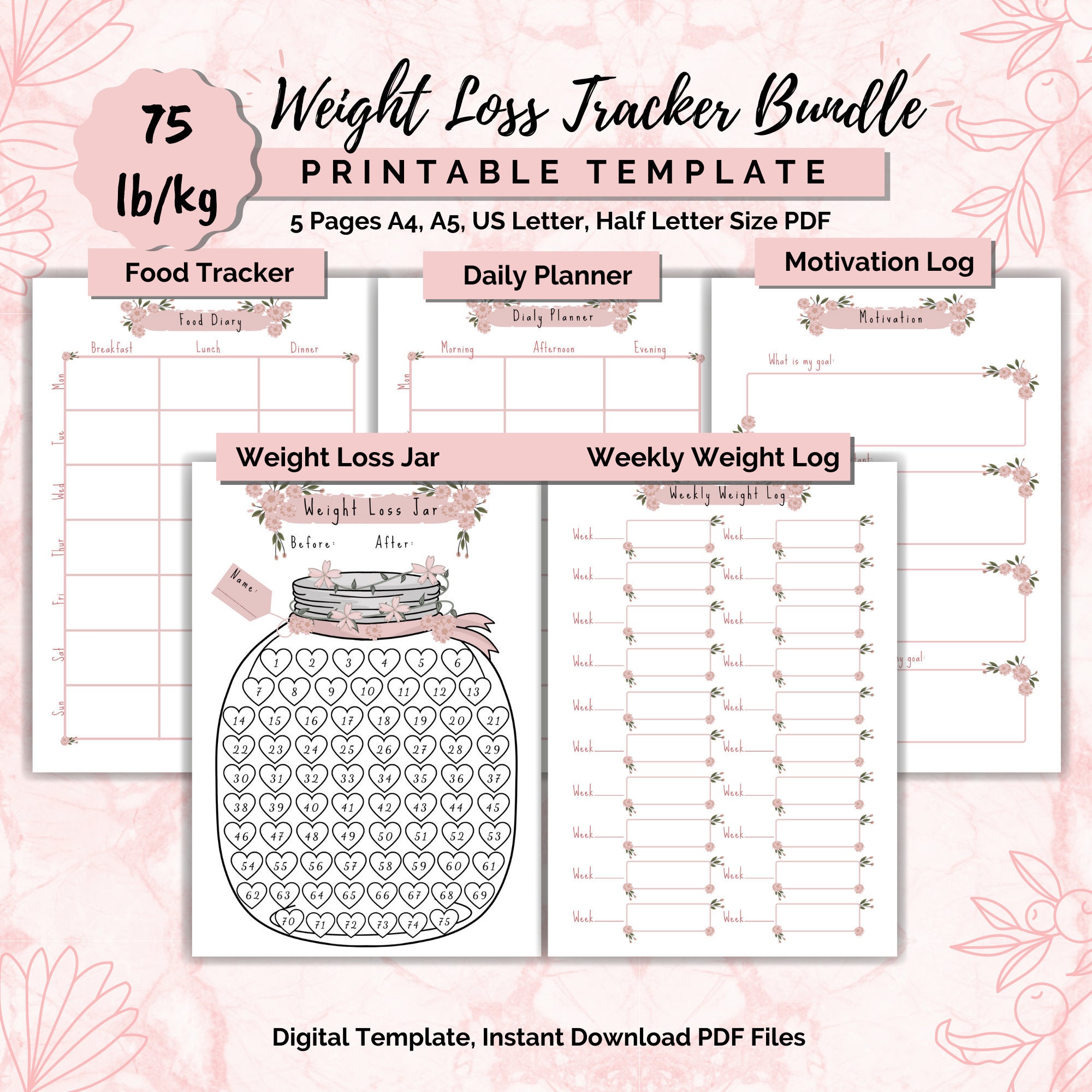 Weight Loss Jar 75 Lb/kg Bundle Printable, Weight Loss Chart, Weight