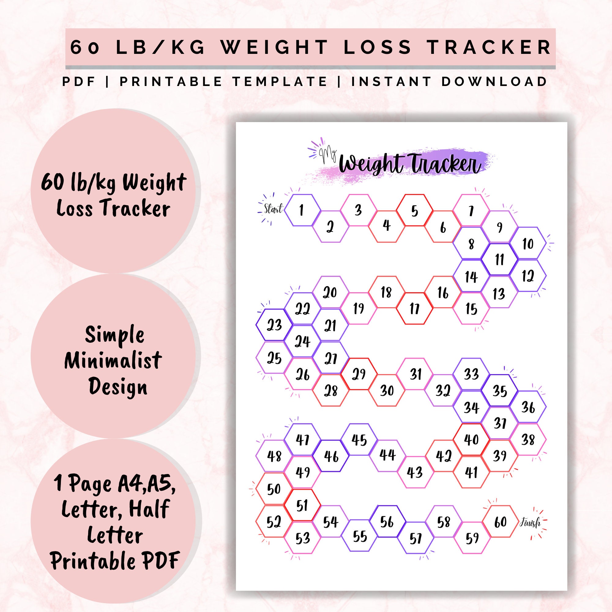 Weight Loss 60 Lb/kg, Weight Loss Tracker, Weight Loss Planner, Weight