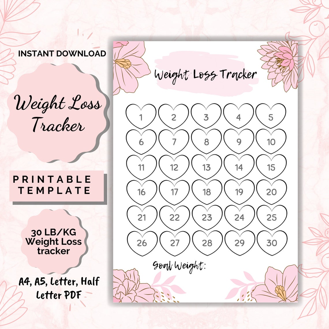 Weight Loss Tracker Printable 30 Lbkg Weight Loss Chart Etsy