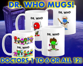 Dr Who Mr Men Inspired Mugs - First Six or Full Set! A Perfect Gift for Sci-Fi Lovers! Choose Your Favourite Doctor!