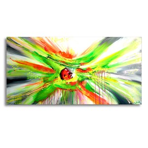 May include: A rectangular canvas painting featuring a central explosion of vibrant lime green, bright orange, and yellow paint strokes radiating outward. The composition includes streaks of black, white, and red, with vertical paint drips.