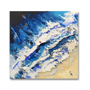 May include: Abstract painting of ocean waves in shades of blue and white, with a sandy beach in the lower right corner. Small red figures are scattered throughout the waves. The artwork is square and mounted on a white background.
