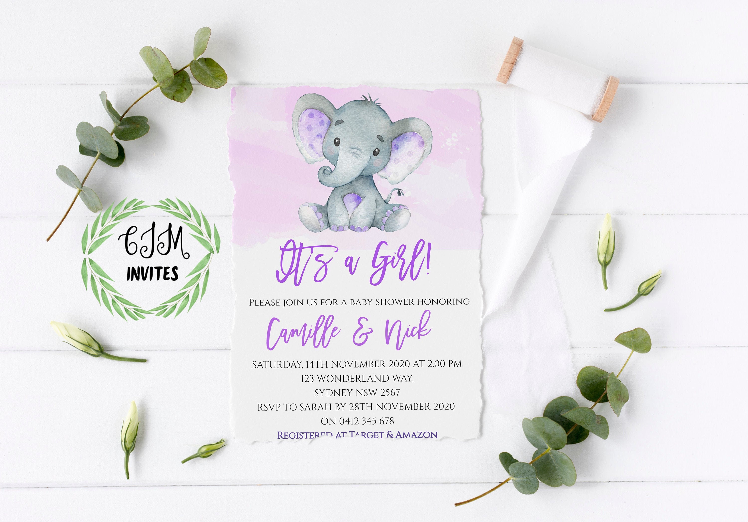 EDITABLE purple elephant baby shower invitation it's a Etsy