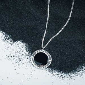 Mens enamel pendant, mens sterling silver pendant, mens black necklace, mens sterling silver chain, mens silver pendant with chain