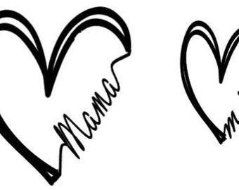 May include: Two black heart-shaped designs on a white background. The larger heart has the word "Mama" in cursive script. The smaller heart has the word "mini" in cursive script. The hearts are outlined with thick black lines.