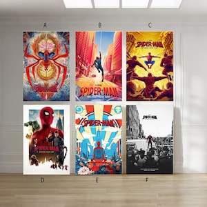 May include: A collection of six Spider-Man Brand New Day movie posters labeled A through F. The posters feature various artistic styles, including vibrant red and blue character illustrations, urban cityscapes, and action-packed scenes with multiple figures.