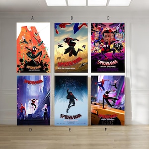 May include: Six vibrant posters from "Into the Spider-Verse" featuring Spider-Man in various action poses. The posters display a range of dynamic scenes and a colourful palette. The title "Spider-Man: Into the Spider-Verse" is prominently displayed on each poster.
