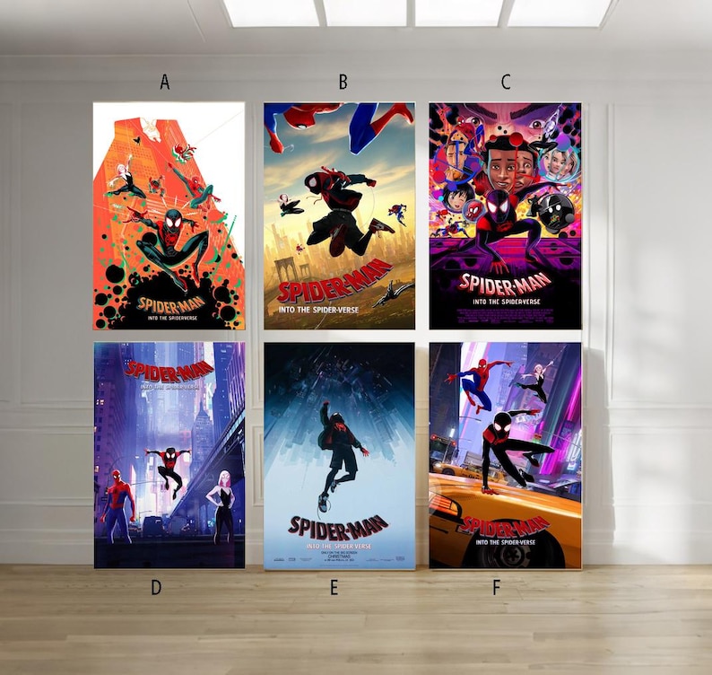 May include: Six vibrant posters from "Into the Spider-Verse" featuring Spider-Man in various action poses. The posters display a range of dynamic scenes and a colourful palette. The title "Spider-Man: Into the Spider-Verse" is prominently displayed on each poster.