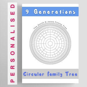 Arbre généalogique circulaire des 9 générations, titre personnalisé | Ajoutez vos données | Conception de généalogie vierge | Tailles A0 - A1 | Carte visuelle ronde ancestrale