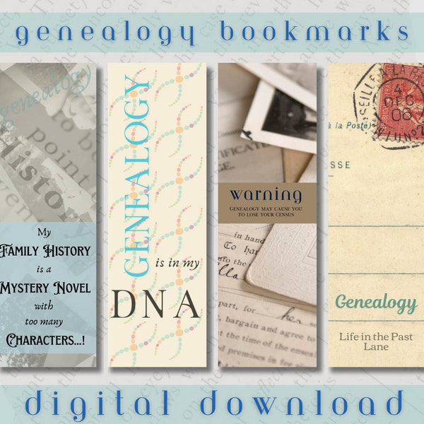 Genealogy Bookmarks 1 | All Occasion Gift of 4 Page Holders | Digital Printable Download | Reading for Life | Present for Family Historians