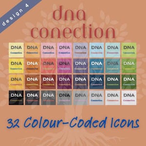 May include: A graphic design featuring the words "dna connection" in a stylized font, with the text "design 4" in a blue banner. Below are 32 color-coded icons, each with "DNA Connection" text. The bottom text reads "32 Colour-Coded Icons".