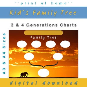 May include: A digital download family tree chart for 3 and 4 generations. The design features a sunset background with an elephant silhouette. The text includes "Kid's Family Tree" and "digital download". Available in A3 and A4 sizes.