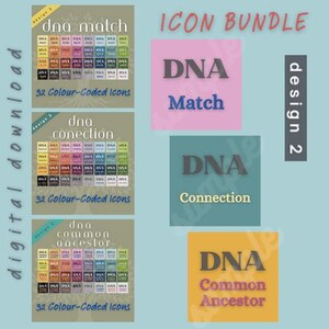 May include: Digital download graphic design bundle with the text "ICON BUNDLE". The bundle includes three sets of 32 color-coded icons labeled "DNA Match", "DNA Connection", and "DNA Common Ancestor". Each set has a unique color scheme.
