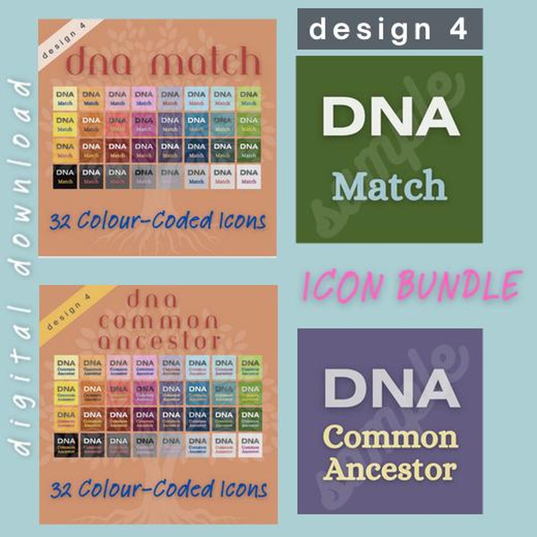 BUNDLE Design 4 | 64 Colour Coded DNA Match + Common Ancestor Icons ...