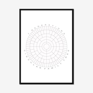 May include: A black and white printable circular family tree template with the words "Circular Family Tree" and "Generations" around the outside.
