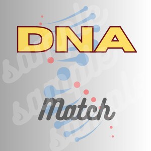 Könnte beinhalten: Ein Grafikdesign mit dem Wort "DNA" in gelben Buchstaben mit rotem Umriss. Das Wort "match" ist in schwarzer Kursivschrift unter dem Wort "DNA" geschrieben. Der Hintergrund ist hellgrau mit einem Muster aus blauen und roten Punkten und Linien.