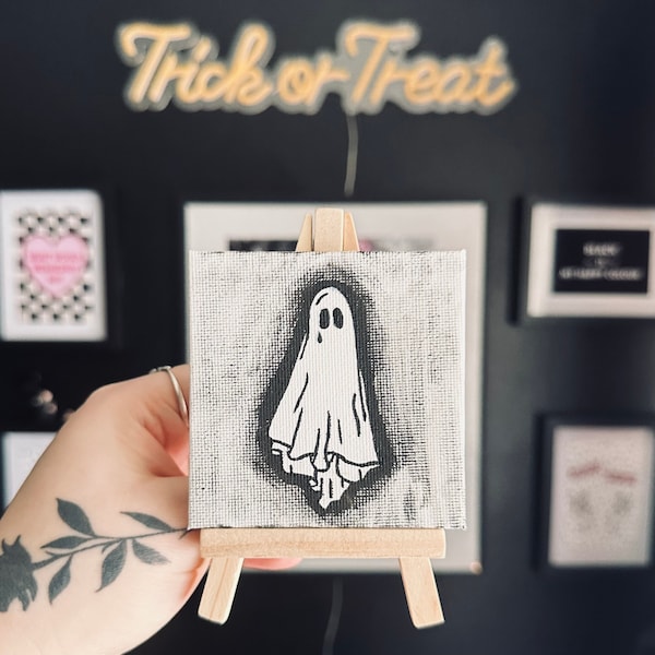 SAD GHOST CANVAS hand painted canvas and easel spooky gift present emo goth