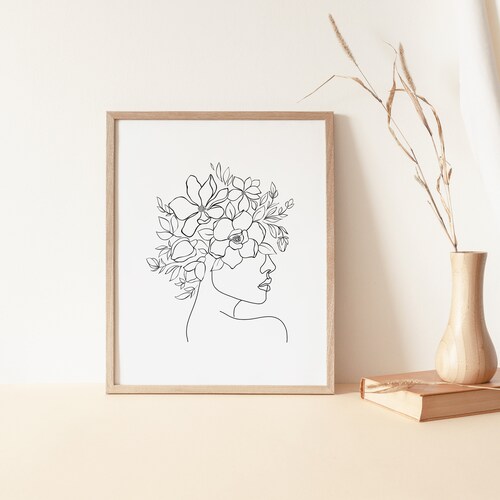 Head of Flowers Art Print Line Art Woman With Flowers Flower Etsy