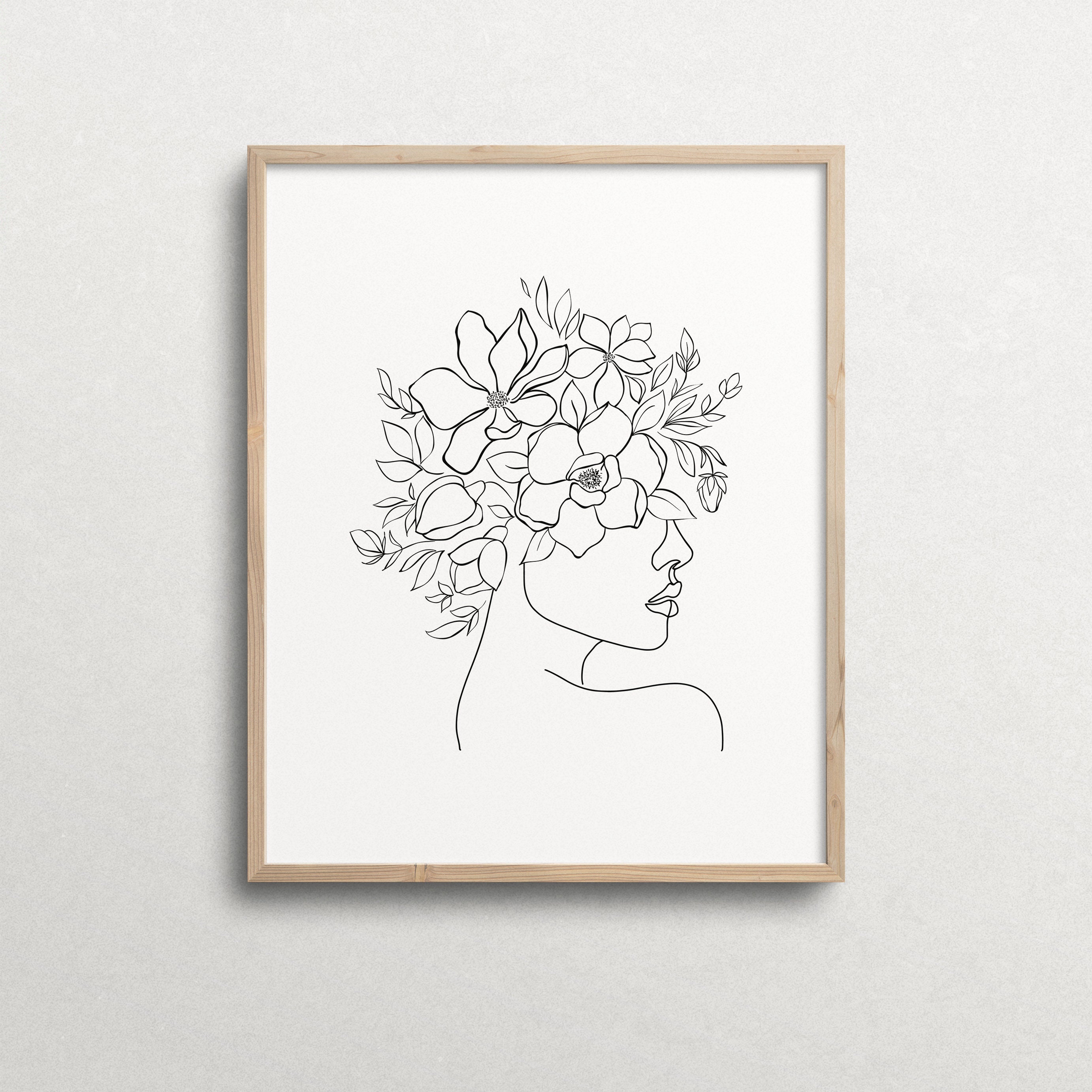 Head of Flowers Art Print Line Art Woman With Flowers Flower Etsy