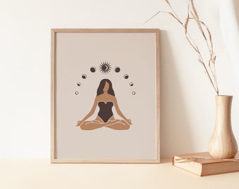Yoga Woman Art, Female Line Art, Celestial Illustration, Boho Girl Print, Mystical, Moon Wall Art, Terracotta Art, Modern Wall Decor