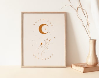 Reach for the Stars Quote, Moon and Stars Art, Boho Decor Quote, Bohemian Poster, Quote art, Scandinavian Style Art
