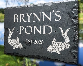 Personalised Engraved Slate Pond Sign. Natural Slate Stone Wall hanging Decorative Plaque for Koi Pond or Fish Keeper