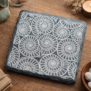 Pode incluir: Base para copos quadrada de ardósia cinza escuro com um padrão de fósseis em espiral brancos. A base para copos tem uma borda natural e texturizada. O desenho de fósseis é repetido na superfície. Mede aproximadamente 10 cm x 10 cm.