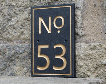 Slate House Number Sign Personalised Deep Engraved Natural Stone Plaque with Gold Enamel Paint Frame