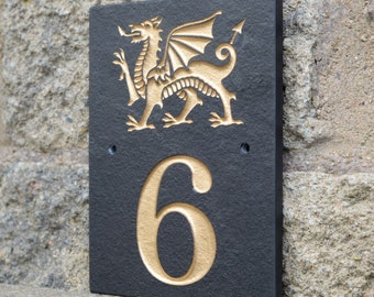 Welsh Dragon House Sign, Engraved Door Number Plaque, Gold Silver or White Enamel Address Sign, Wales Motif for Wall.