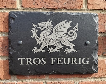 May include: A rectangular black slate sign with the text "TROS FEURIG" in white lettering. A detailed silver dragon graphic is above the text. The sign is mounted on a red brick wall.