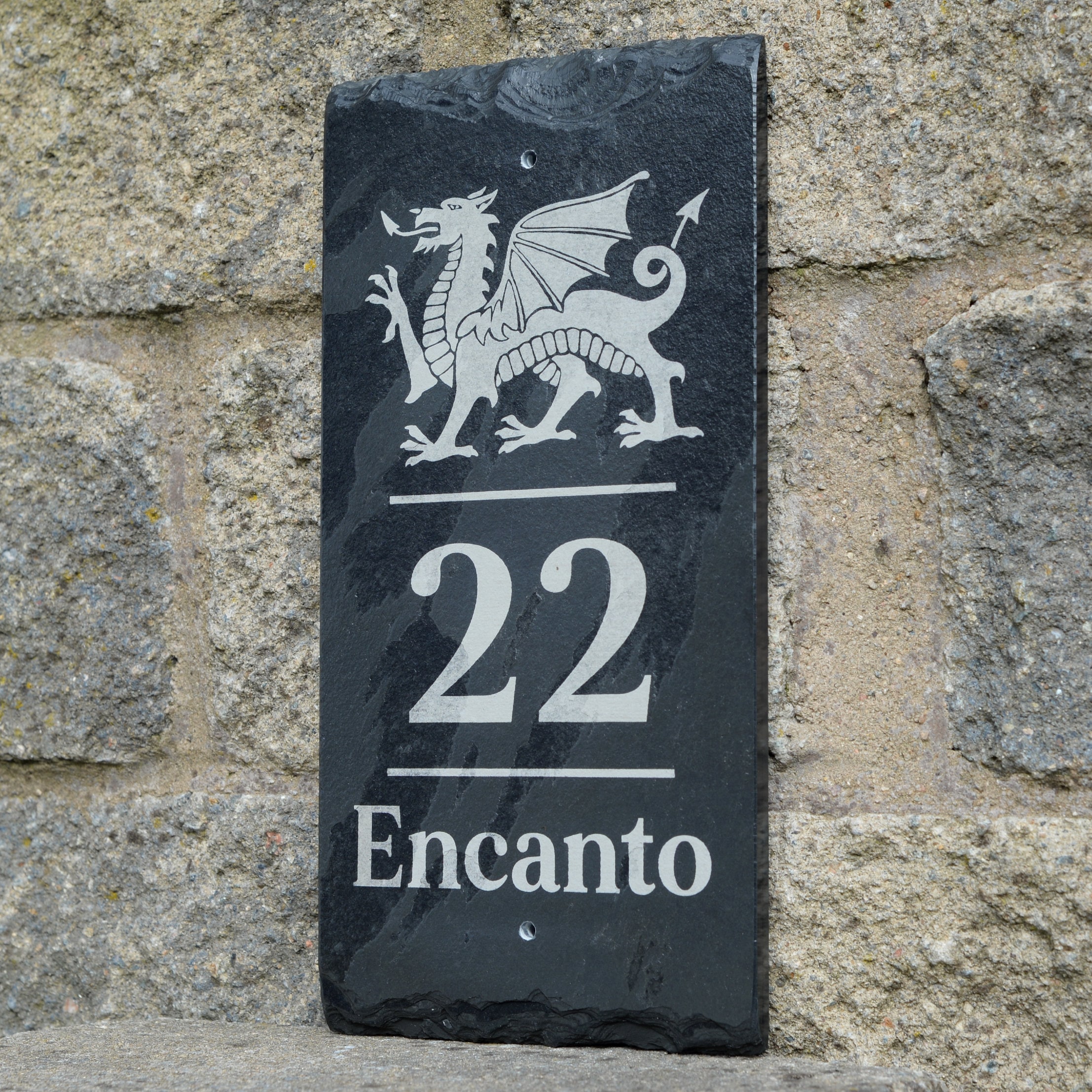 Personalised  Slate House Sign Engraved Welsh Dragon Design Door Number Natural Stone Plaque House or Road Name