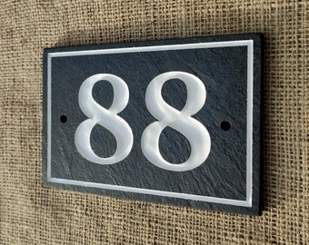 Slate House Number Sign Personalised Deep Engraved Natural Stone Plaque with Gold Enamel Paint Frame