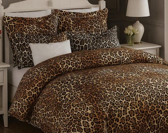 New Luxury 100% Organic Cotton Leopard Pattern Sheet Pillowcases Twin Full Queen Brown, Grey, Luxury Set
