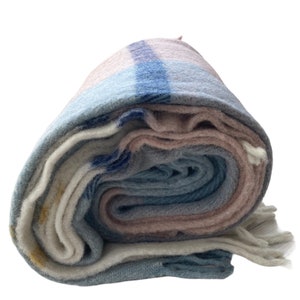 Plaid 100% Wool Blanket Soft, Light Blue Light Pink with Fringes Full or Queen Hight Quality