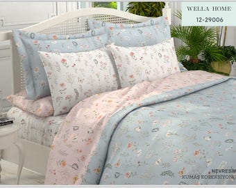 Summer 2025 Floral Organic Cotton Duvet Cover Set, Red Teal  Pink Light Lavender 100% Turkish Organic Cotton Twin, Full, Queen or Any Size