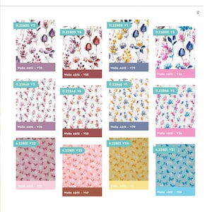 May include: A collection of eight fabric swatches with floral and butterfly patterns. The swatches are labeled with numbers and letters, and the name "Wella Akfil" is printed on each swatch.